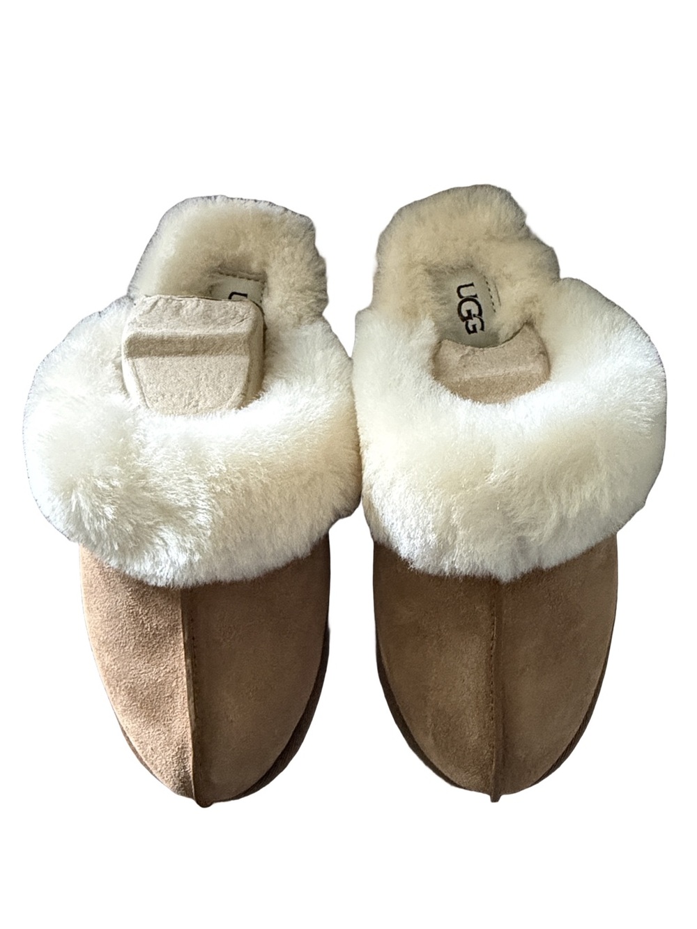 UGG Women's Chestnut Suede Shearling Slip-Ons with Cream Fur Trim